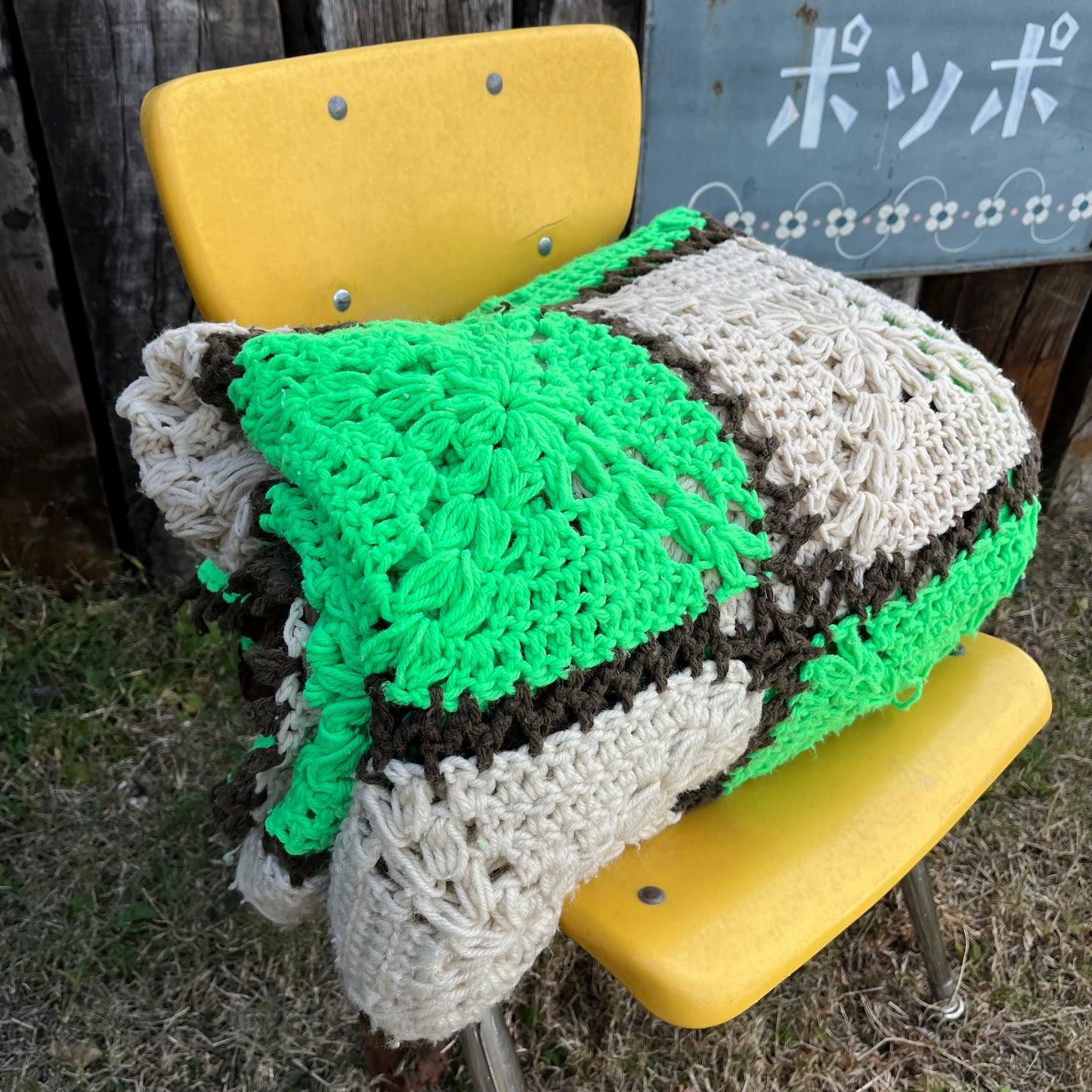 【USA vintage】Granny Blanket beige × green