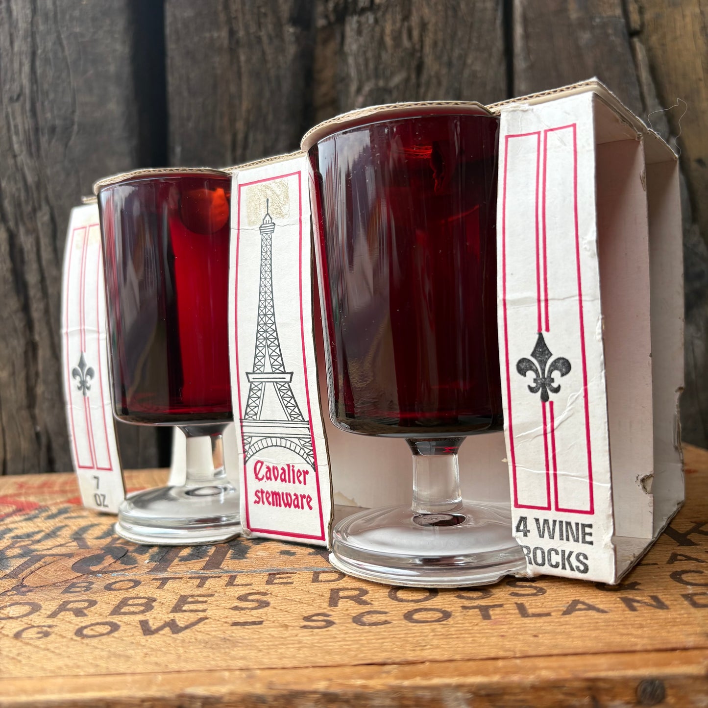 【1960s-1970s France Vintage】 J.G. Durand “Cavalier Stemware” Red Glass Set