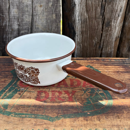 【1970s USA Vintage】 Enamel Brown Flower Pattern Sauce Pan