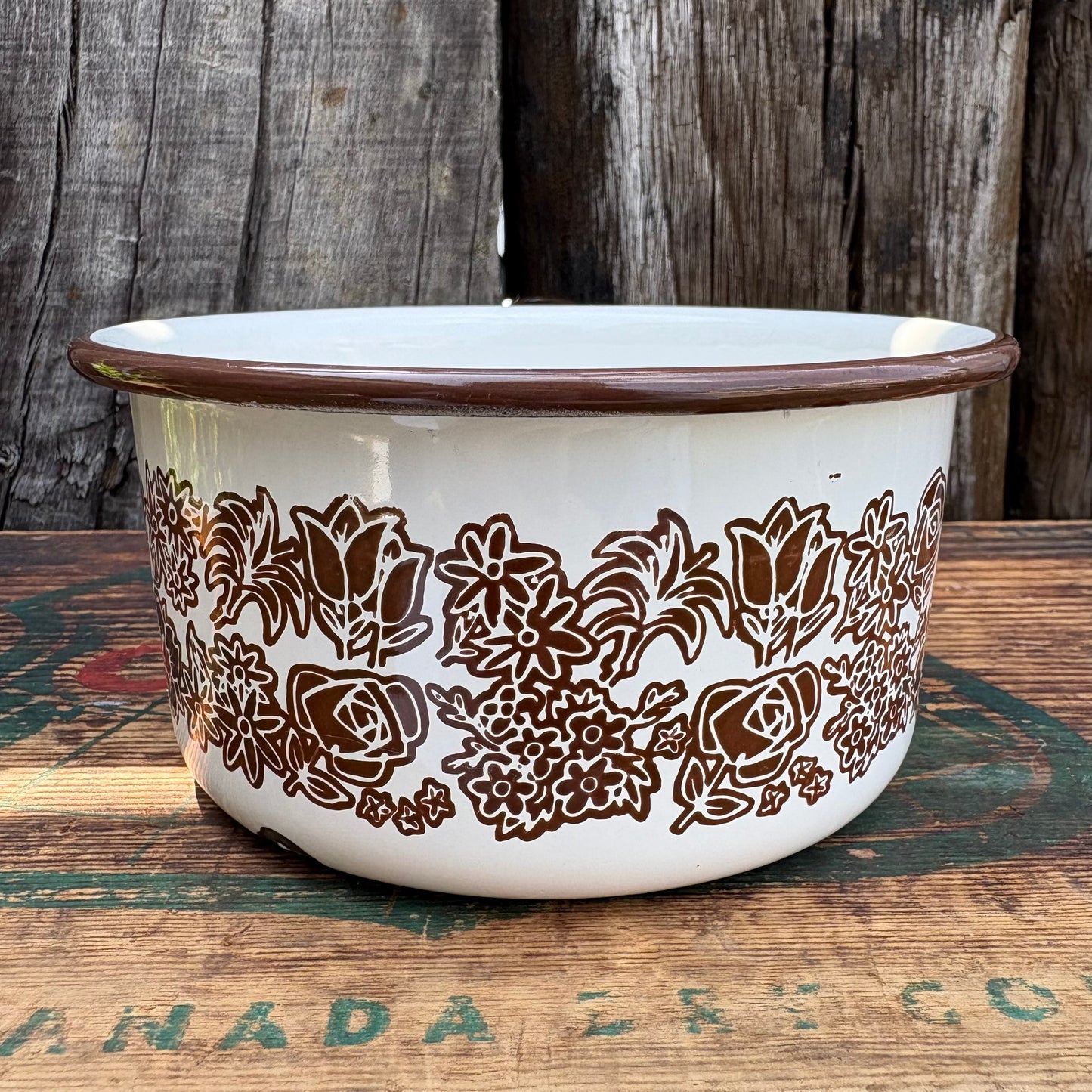 【1970s USA Vintage】 Enamel Brown Flower Pattern Sauce Pan
