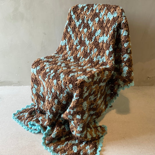 【1970s USA vintage】グラニーブランケット ブルー×ブラウン