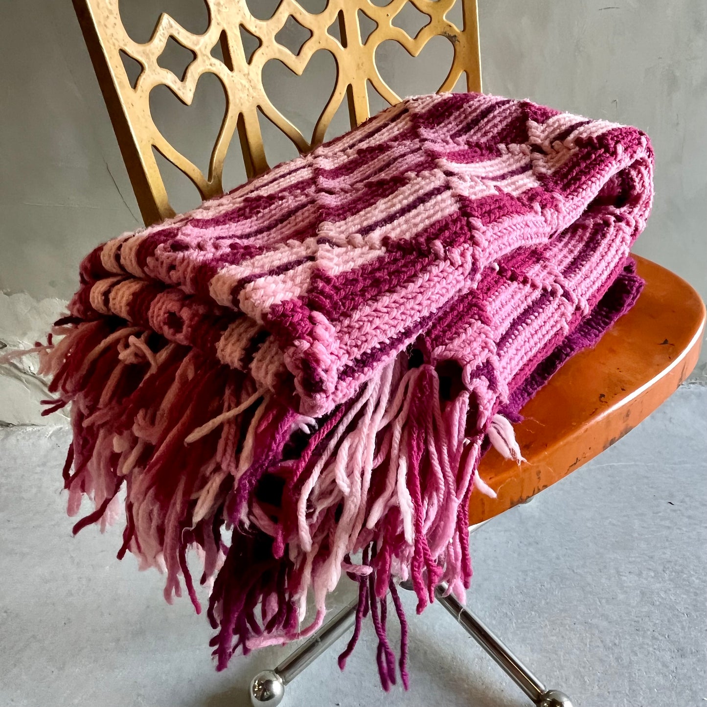 【USA vintage】グラニーブランケット ピンク系 フリンジ付き