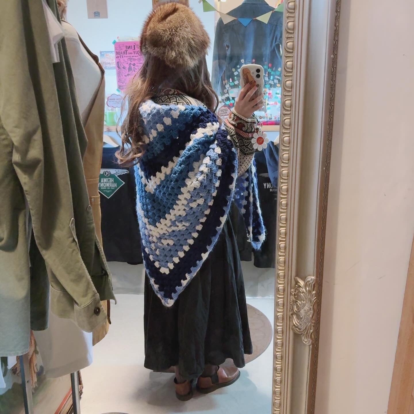 【USA vintage】granny blanket square Blue