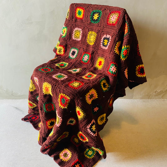 【1970s USA vintage】グラニーブランケット クロシェ ブラウン