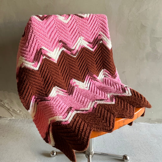 【USA vintage】グラニーブランケット ピンク×茶色×白 ひざ掛け