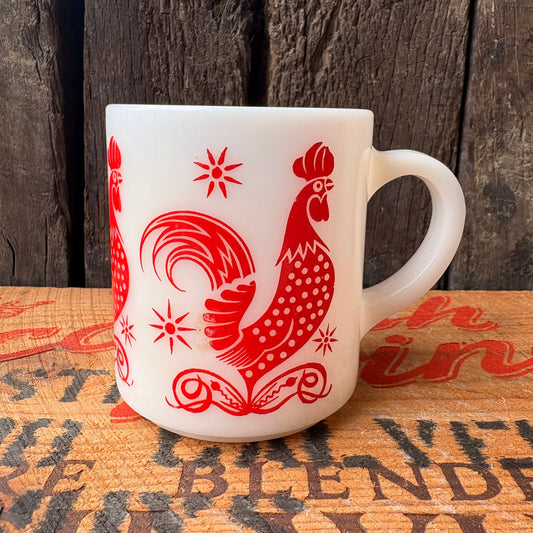 【1950s USA vintage】Hazel Atlas Red Rooster Milk Glass Mug
