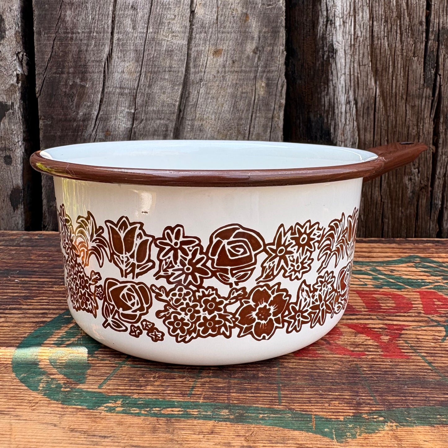 【1970s USA Vintage】 Enamel Brown Flower Pattern Sauce Pan