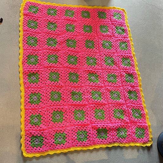 【USA vintage】グラニーブランケット ピンク×イエローふち編み