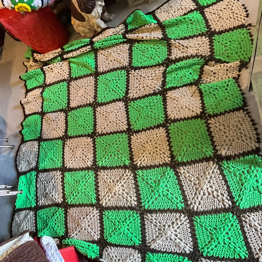 【USA vintage】Granny Blanket beige × green