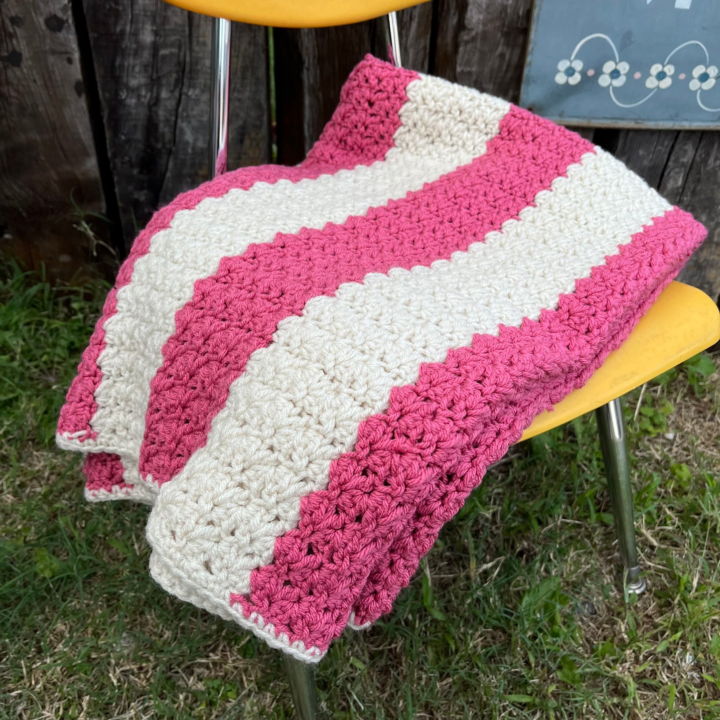 【USA vintage】グラニーブランケット ピンク×白