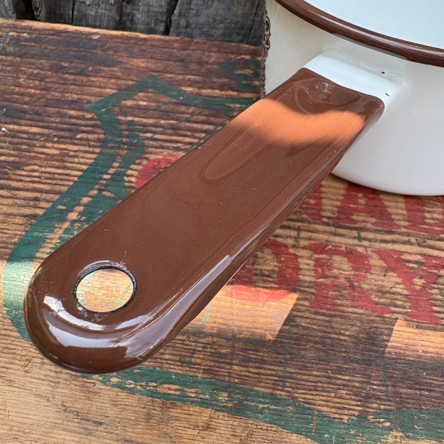 【1970s USA Vintage】 Enamel Brown Flower Pattern Sauce Pan