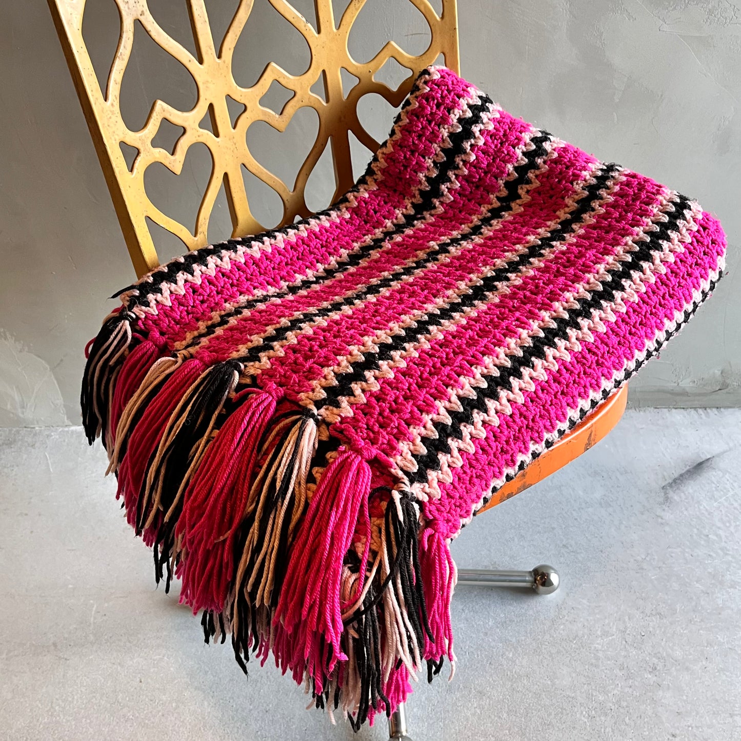 【USA vintage】グラニーブランケット ピンク×黒 ストライプ