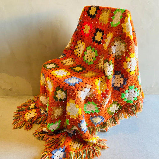 【1970s USA vintage】グラニーブランケット クロシェ オレンジ