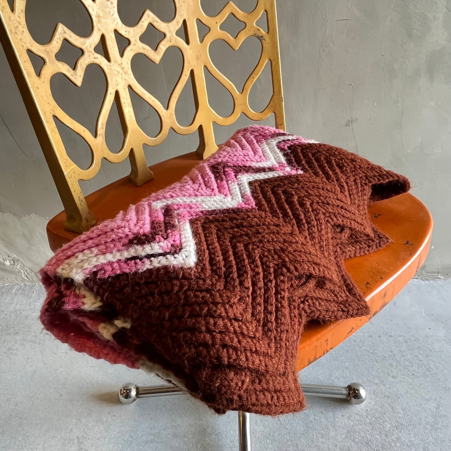 【USA vintage】グラニーブランケット ピンク×茶色×白 ひざ掛け