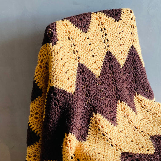 【1970s USA vintage】グラニーブランケット ブラウン×イエロー ギザギザ