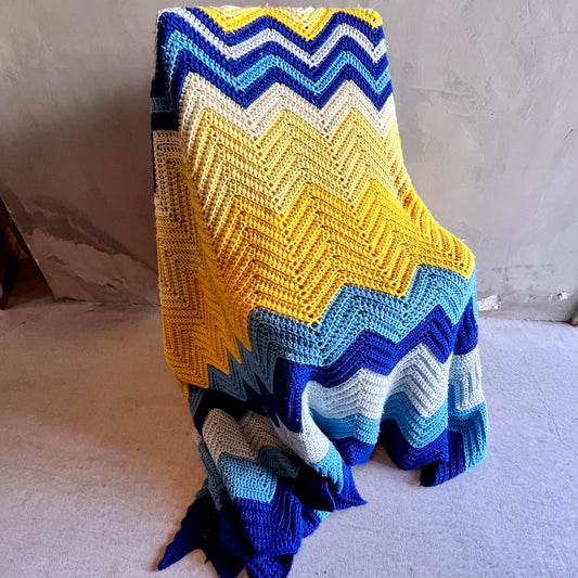 【1970s USA vintage】グラニーブランケット ブルー×イエロー