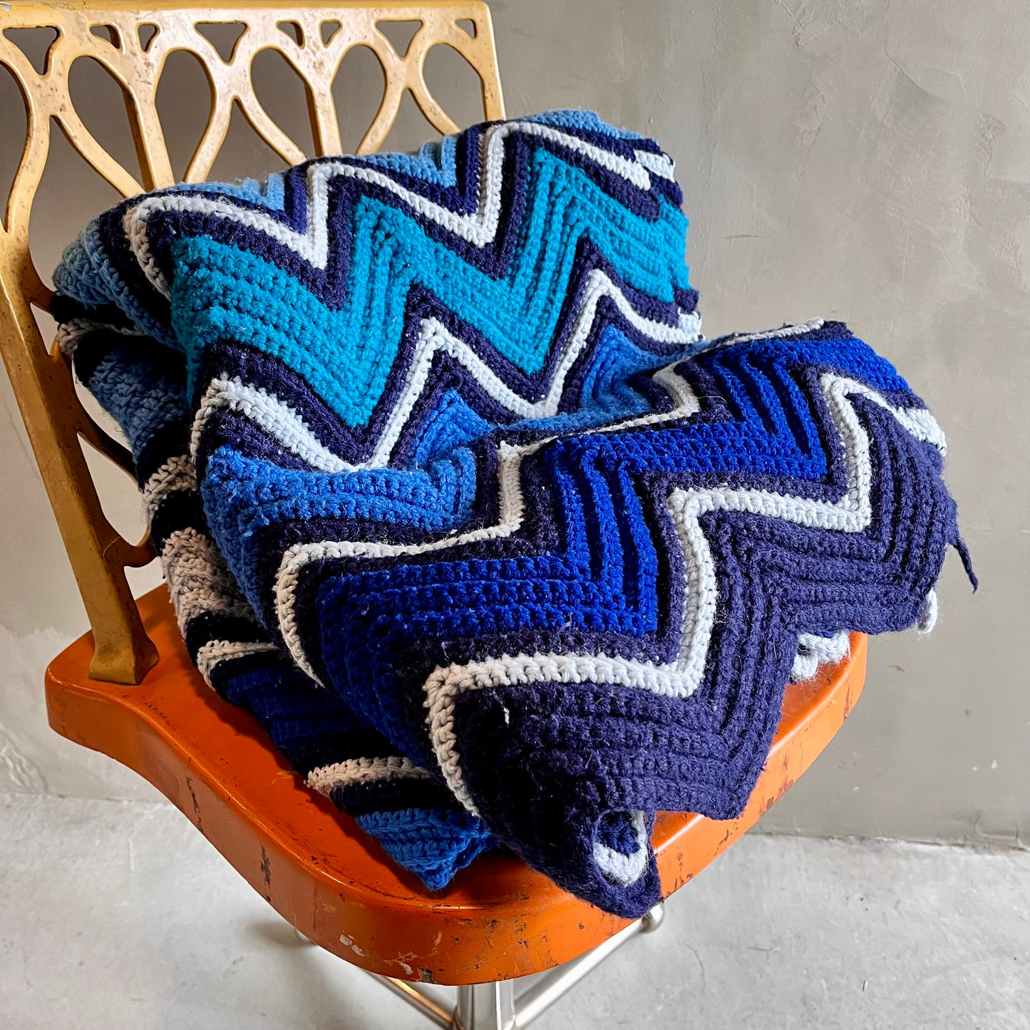 【USA vintage】グラニーブランケット ギザギザ ブルー