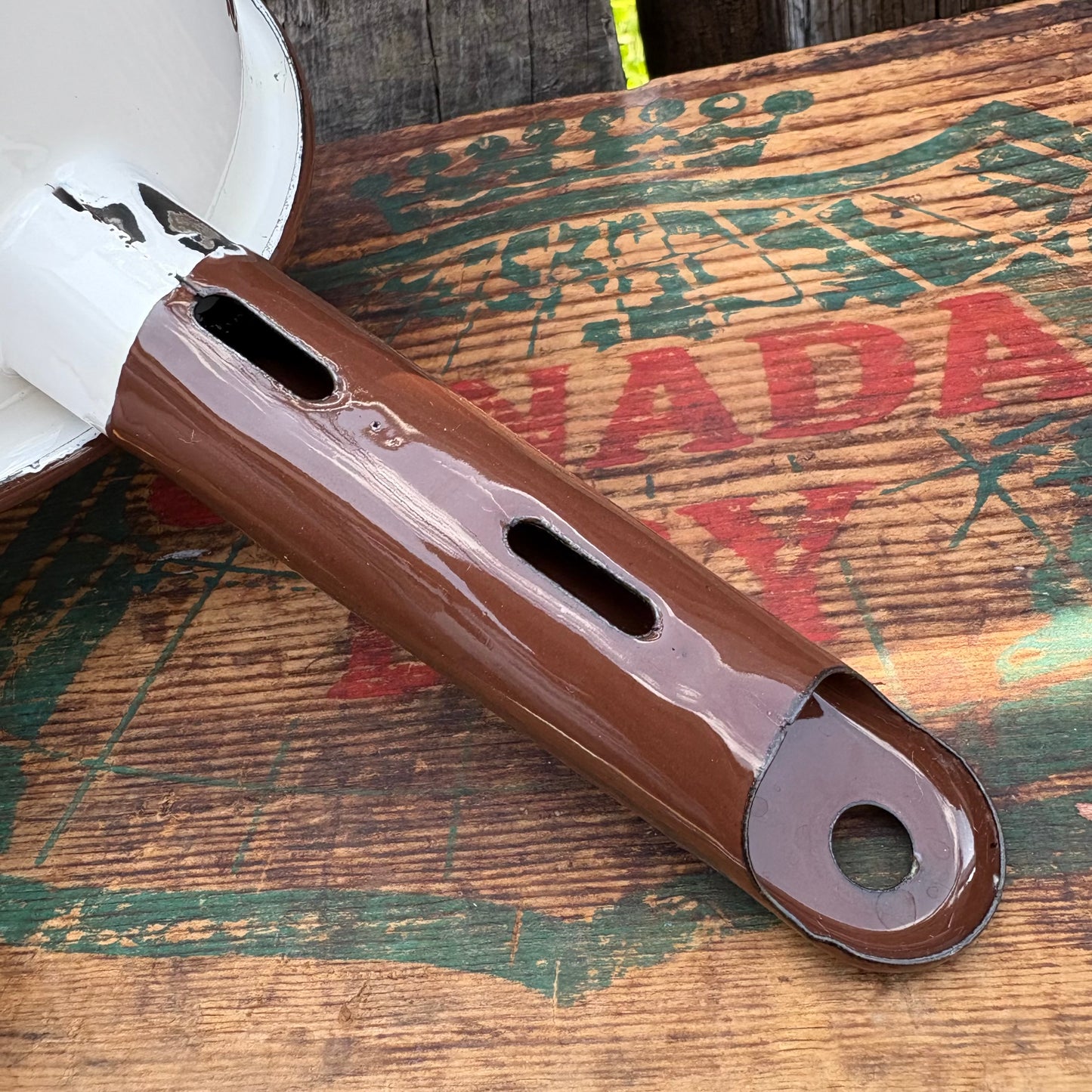 【1970s USA Vintage】 Enamel Brown Flower Pattern Sauce Pan
