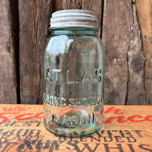【1910s-1930s USA vintage】Hazel-Atlas ATLAS Strong Shoulder MASON Jar Glass Bottle