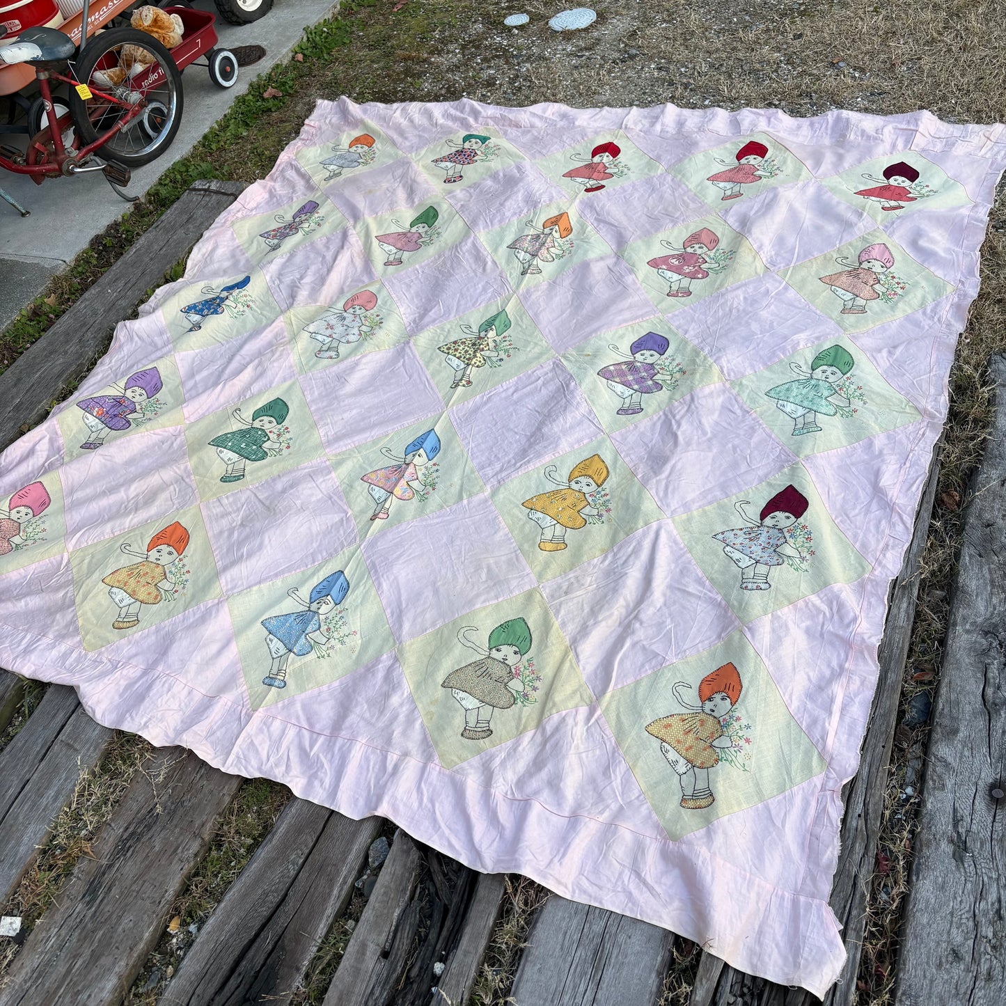 【USA vintage】feed sack antique fabric girl