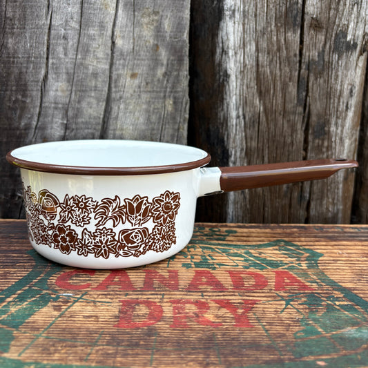 【1970s USA Vintage】 Enamel Brown Flower Pattern Sauce Pan