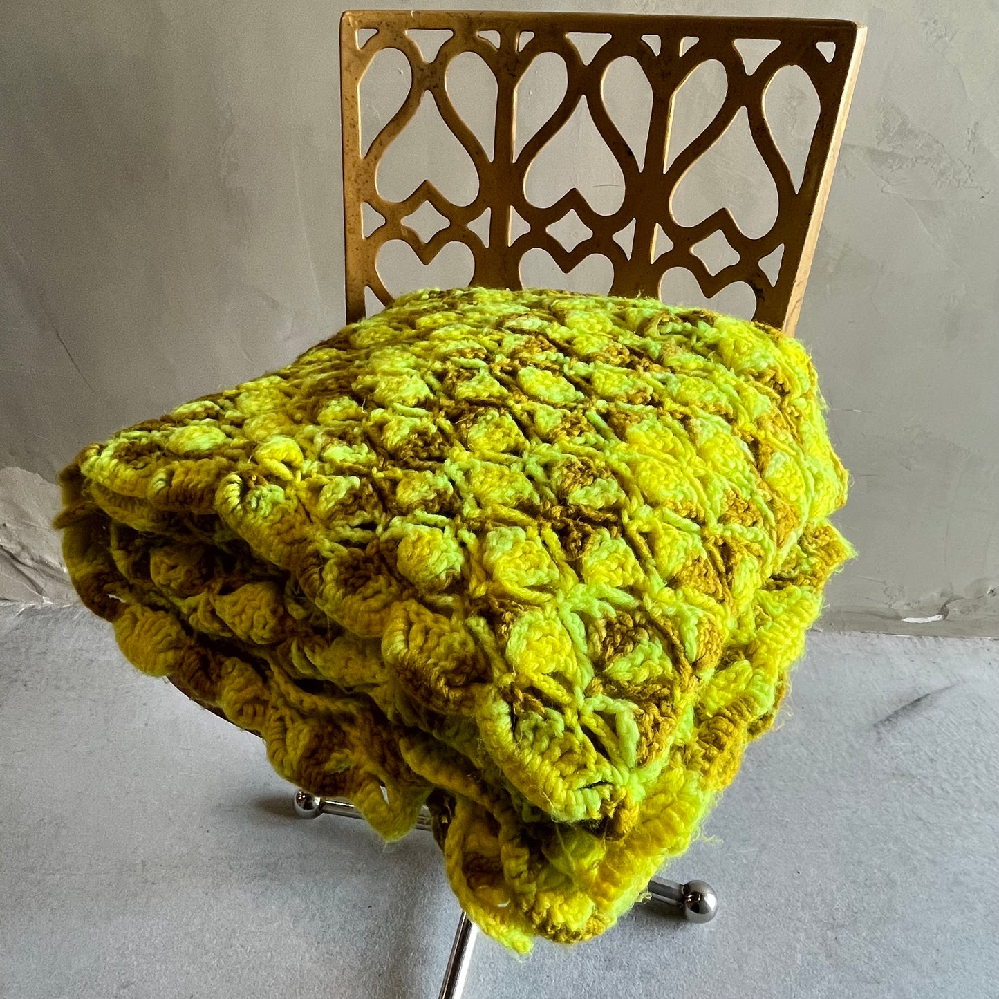 【USA vintage】グラニーブランケット イエロー系 シェルスティッチ