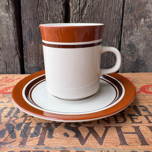 【1970s JAPAN vintage】CAROUSEL STONE WARE Brown Stripe Mug & Saucer
