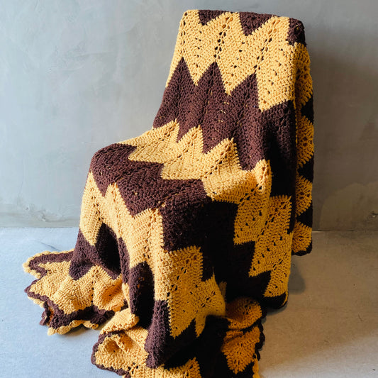 【1970s USA vintage】グラニーブランケット ブラウン×イエロー ギザギザ