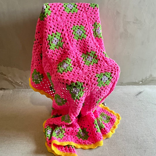 【USA vintage】グラニーブランケット ピンク×イエローふち編み