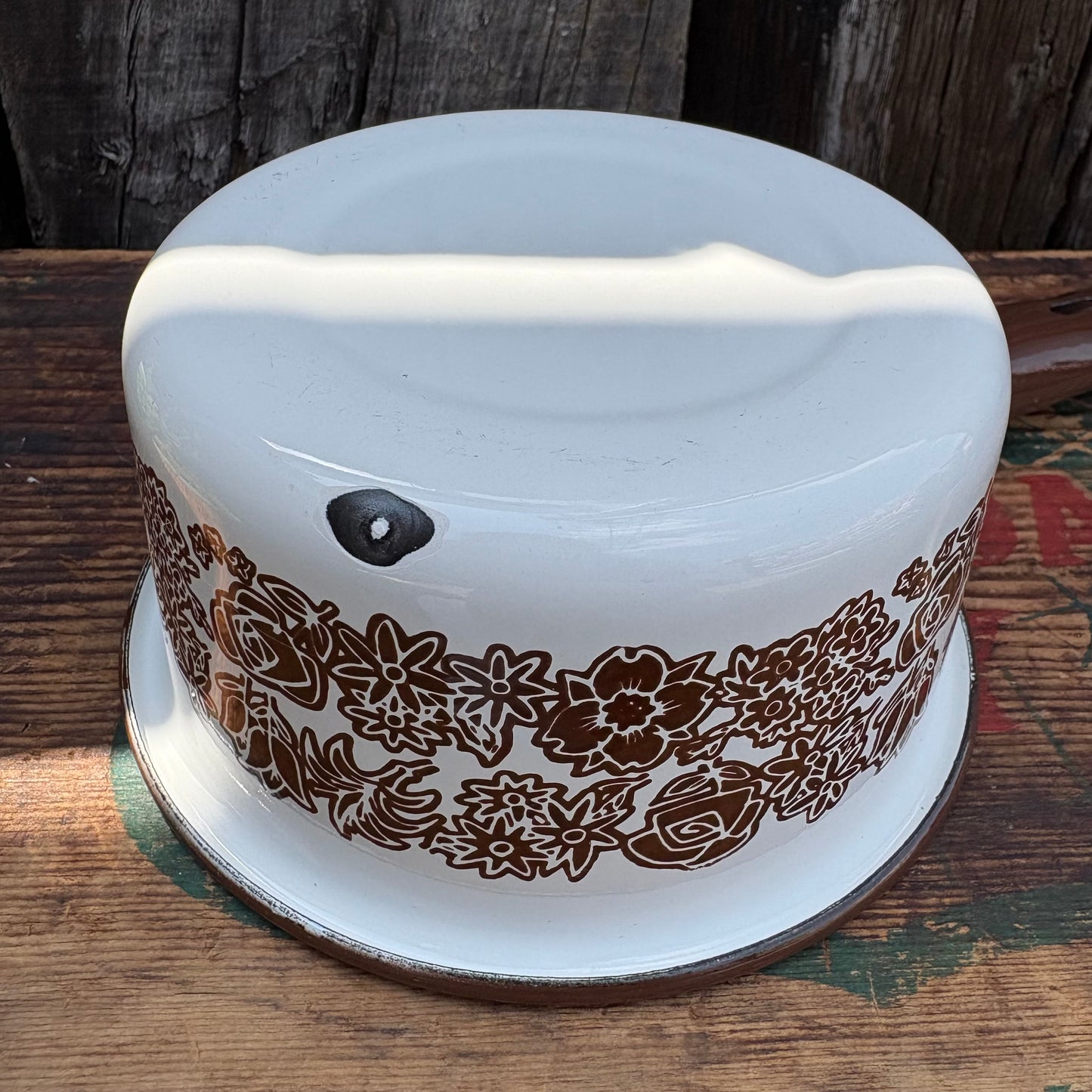 【1970s USA Vintage】 Enamel Brown Flower Pattern Sauce Pan