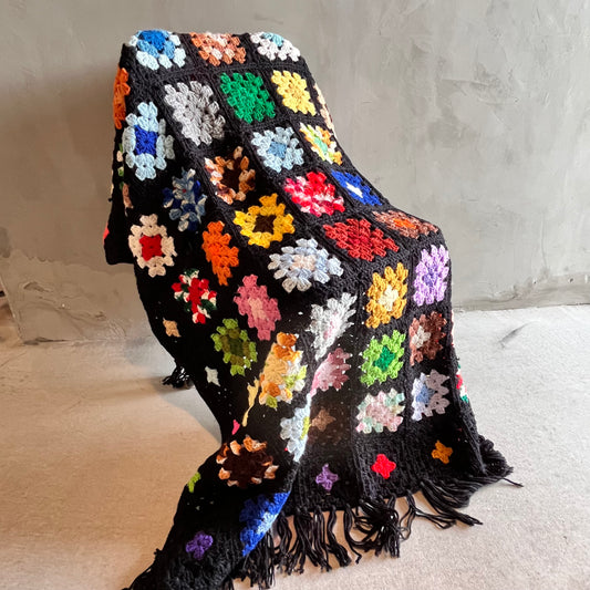 【USA vintage】グラニーブランケット 黒×スクエアモチーフ