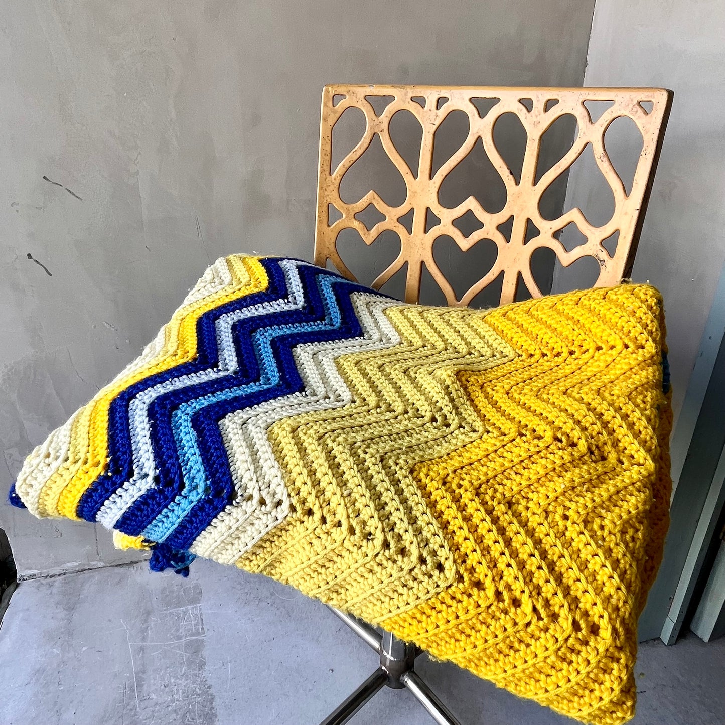 【1970s USA vintage】グラニーブランケット ブルー×イエロー