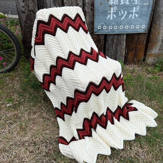 【USA vintage】グラニーブランケット アイボリー×赤 ギザギザ