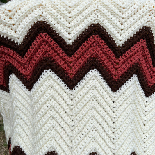 【USA vintage】グラニーブランケット アイボリー×赤 ギザギザ