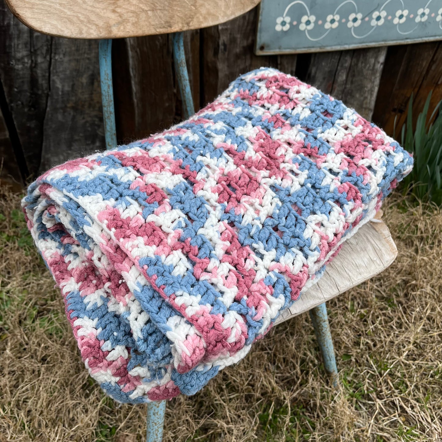 【USA vintage】granny blanket pink × blue × white