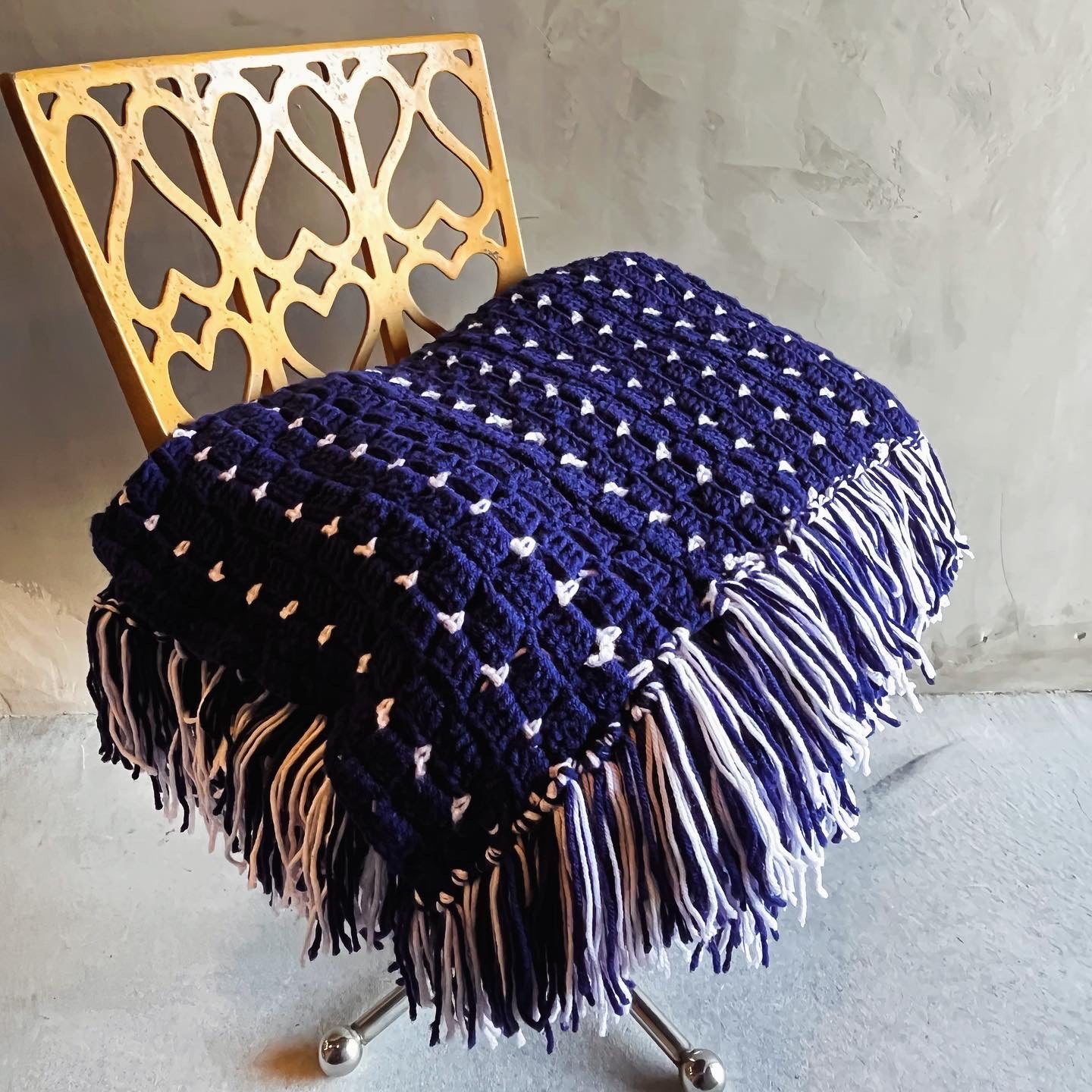 【USA vintage】グラニーブランケット ネイビー×白