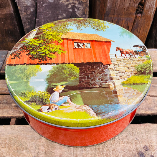 【vintage】ラウンド TIN缶 少年と犬 馬車