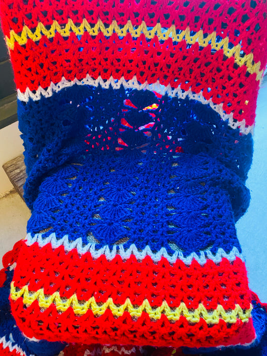 【1970s USA vintage】グラニーブランケット マルチカバー 赤×青