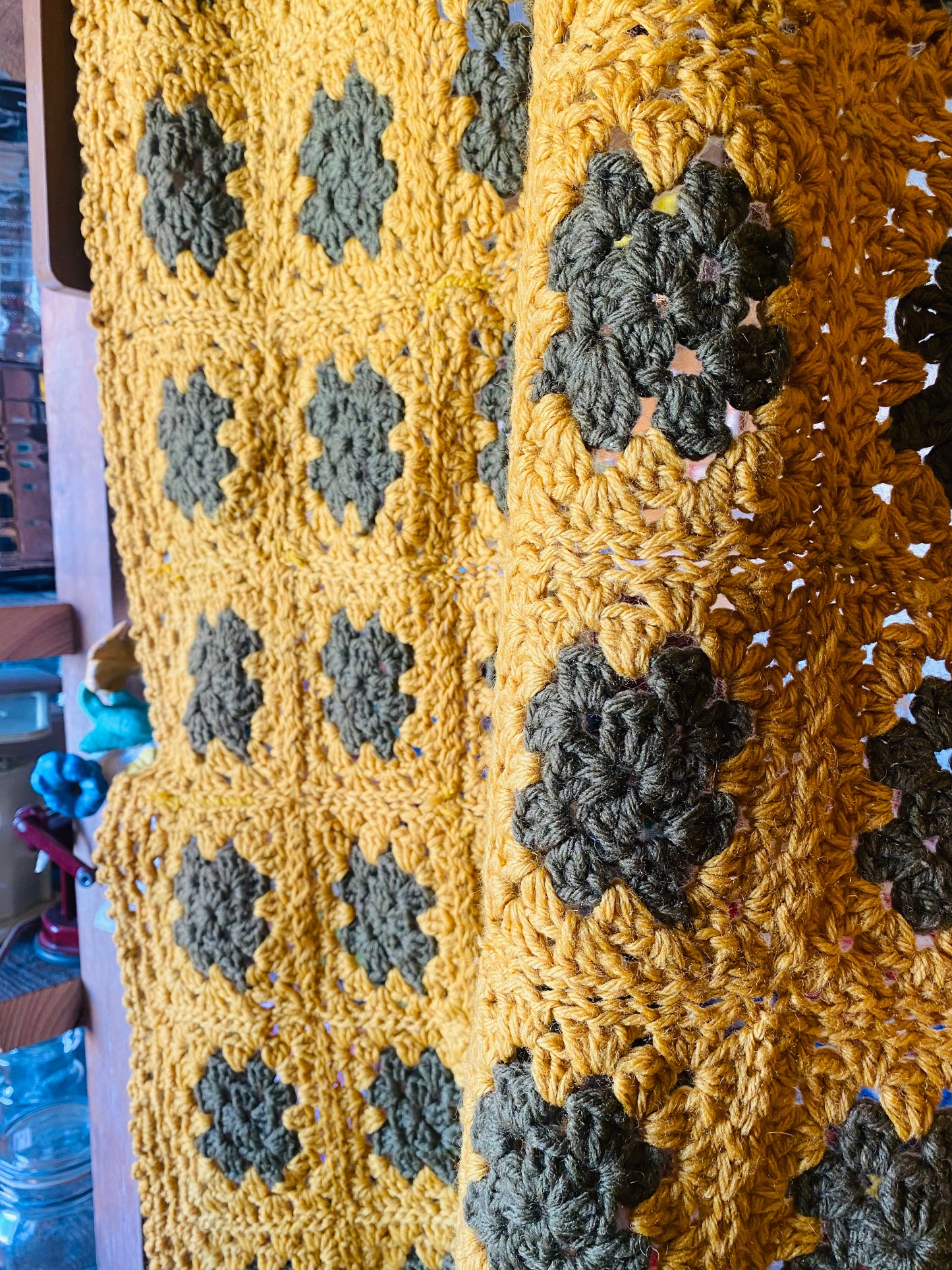 【1970s USA vintage】グラニーブランケット マスタード×グリーン