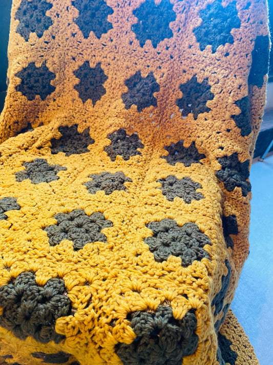 【1970s USA vintage】グラニーブランケット マスタード×グリーン