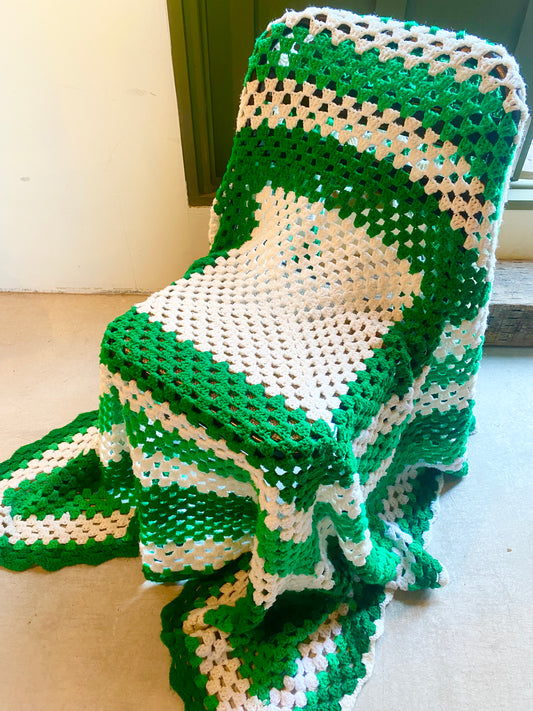 【1970s USA vintage】グラニーブランケット マルチカバー 緑