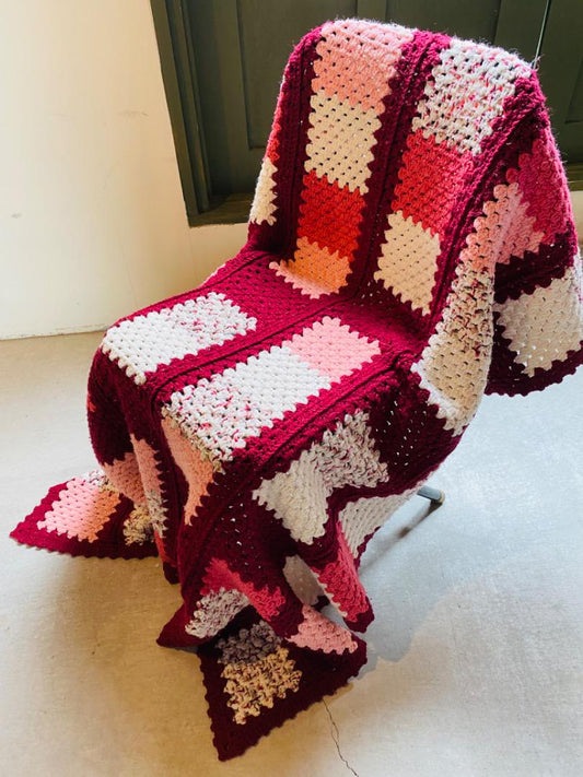 【1970s USA vintage】グラニーブランケット ピンク×ボルドー×ホワイト