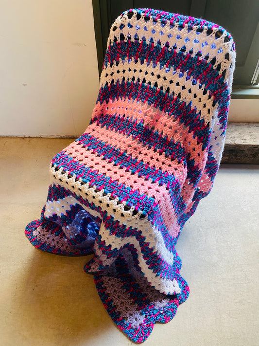 【1970s USA vintage】グラニーブランケット マルチカバー パステルボーダー