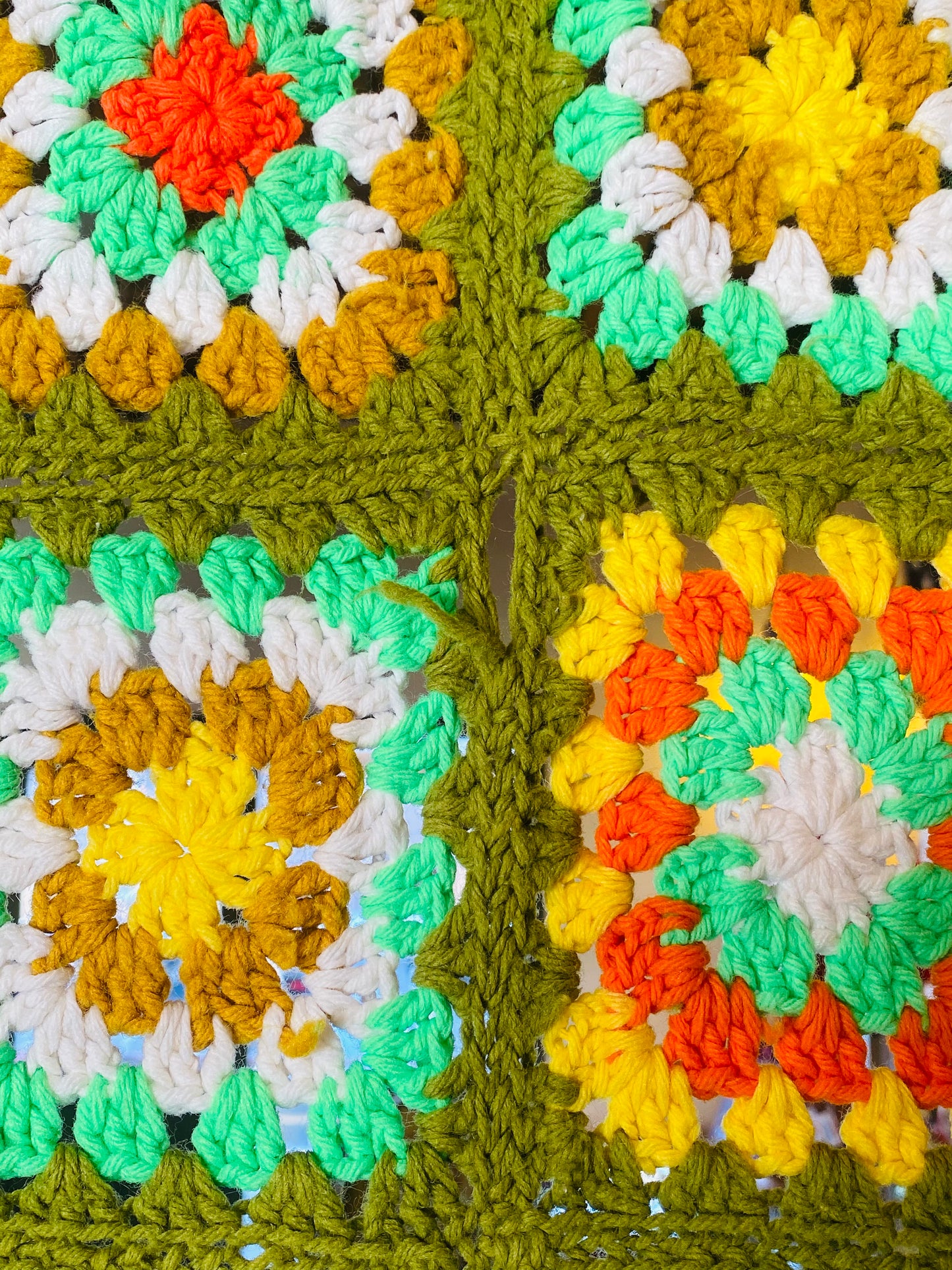 【1970s USA vintage】グラニーブランケット グラニースクエア マルチカバー 緑