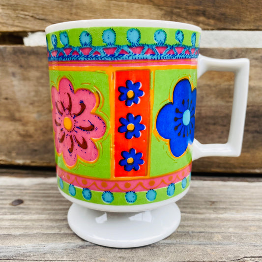 【JPN vintage】花柄 レトロ 足つき マグカップ 花×花