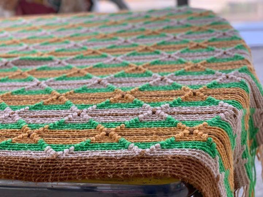 【1970s USA vintage】グラニーブランケット ダイヤ イエロー ×グリーン×ベージュ×ブラウン