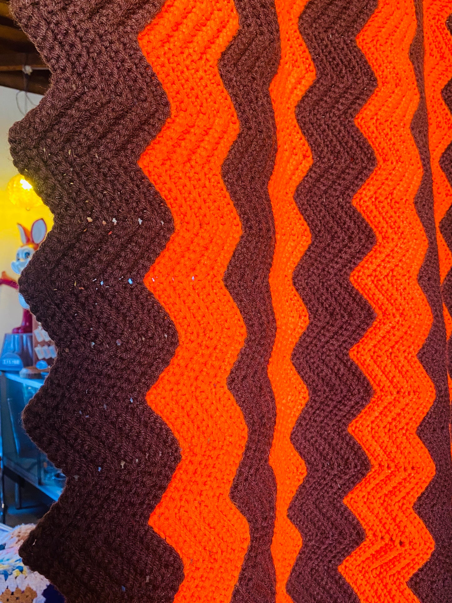 【1970s USA vintage】グラニーブランケット ギザギザ オレンジ×ブラウン