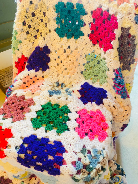 【1970s USA vintage】グラニーブランケット グラニースクエア 白