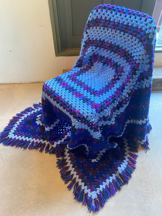 【1970s USA vintage】グラニーブランケット マルチカバー 青