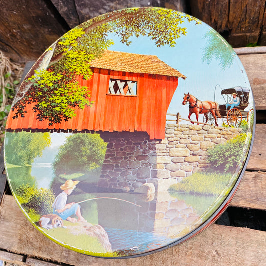 【vintage】ラウンド TIN缶 少年と犬 馬車